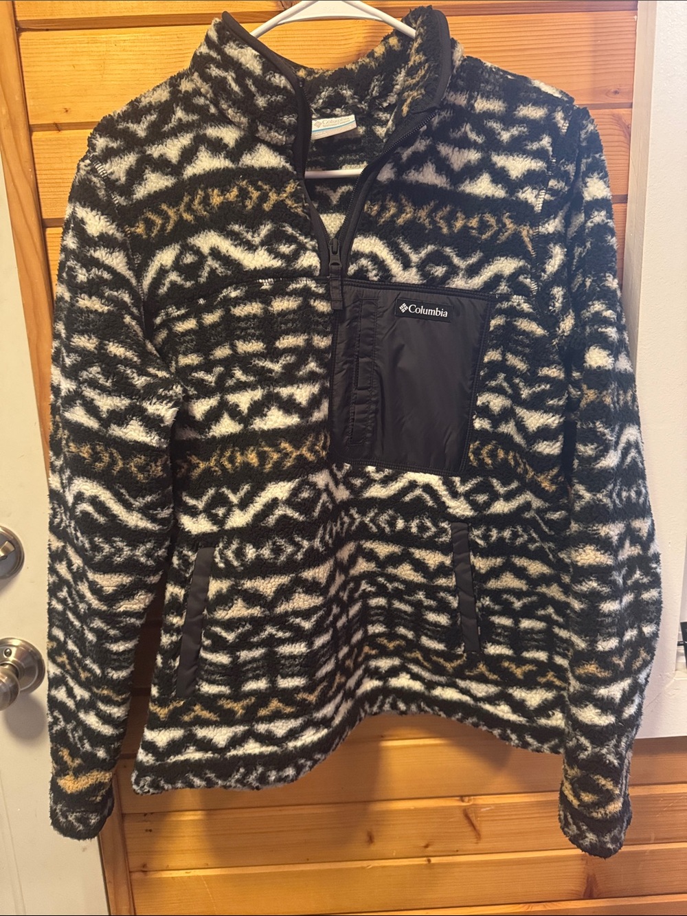 Columbia Black White Brown Patterned Fleece Pullover